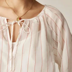 Tie-front popover top in dobby satin