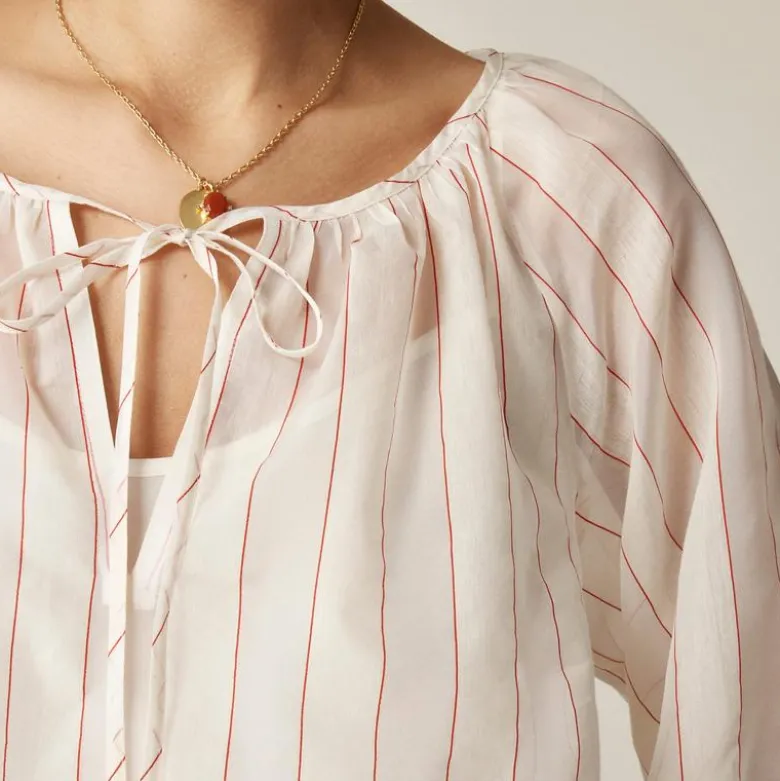 Tie-front popover top in dobby satin
