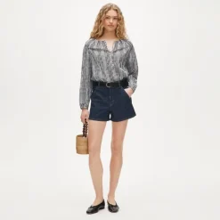 Tie-front popover top in gingham seersucker