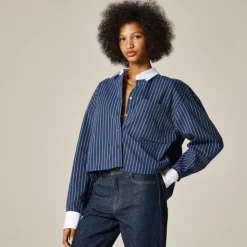 Étienne cropped button-up shirt in striped cotton poplin