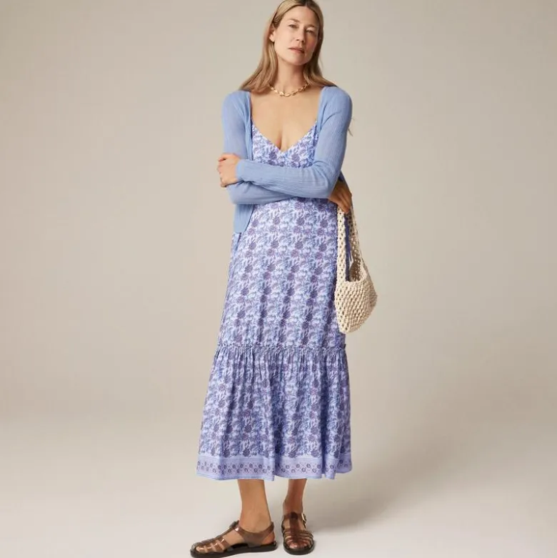 Tiered tie-waist dress in dusty periwinkle block print