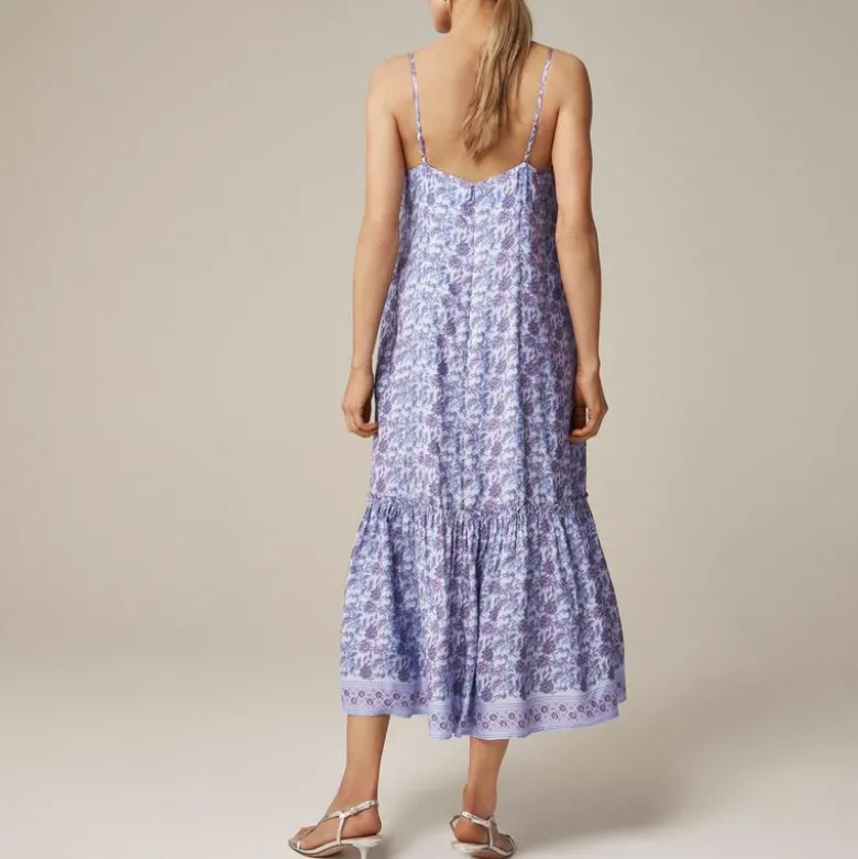 Tiered tie-waist dress in dusty periwinkle block print