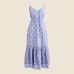 Tiered tie-waist dress in dusty periwinkle block print