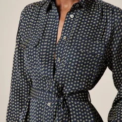Tie-waist shirt-dress in ditsy floral print