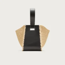 Top-handle bag in handknotted straw and leather