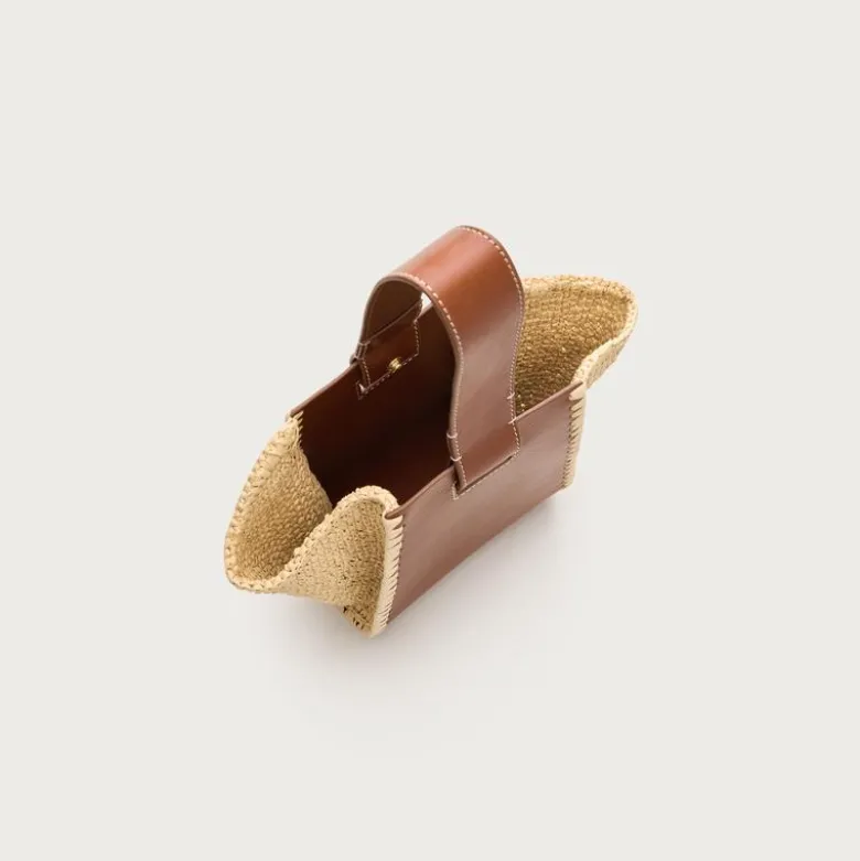 Top-handle bag in handknotted straw and leather