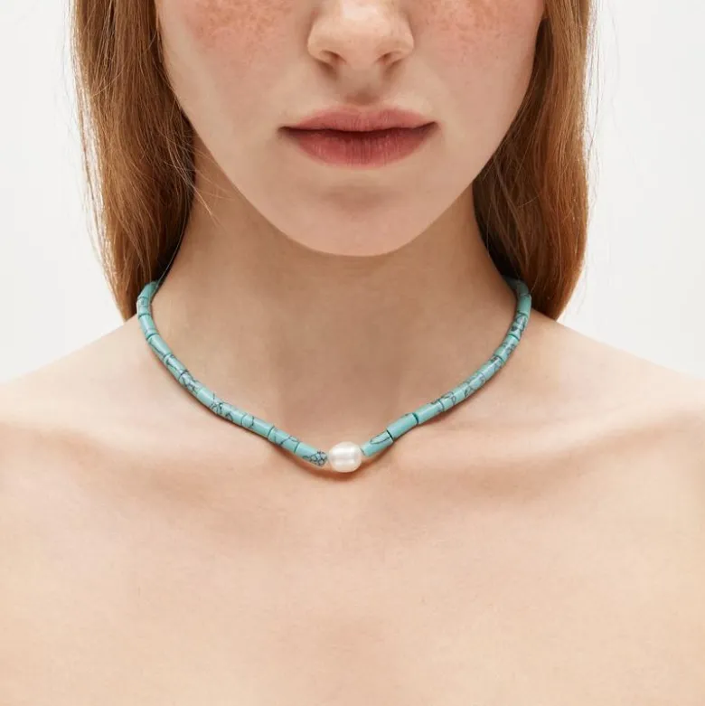 Turquoise bead freshwater pearl necklace