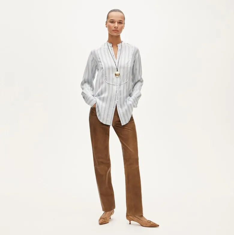 Tuxedo-bib button-up shirt in striped cotton poplin