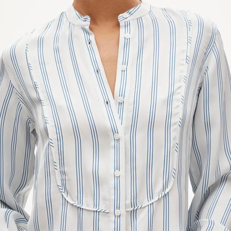 Tuxedo-bib button-up shirt in striped cotton poplin