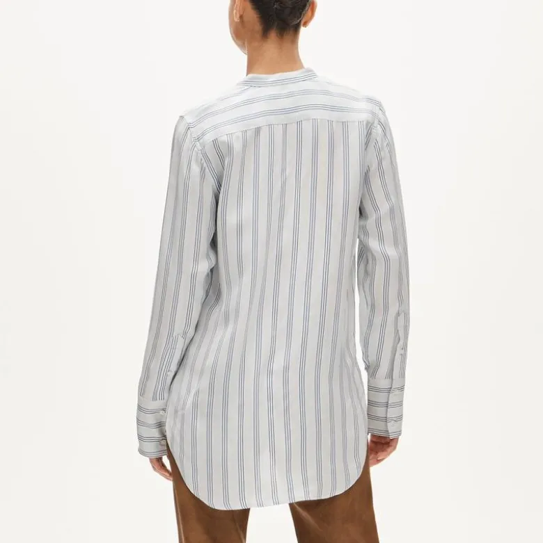 Tuxedo-bib button-up shirt in striped cotton poplin
