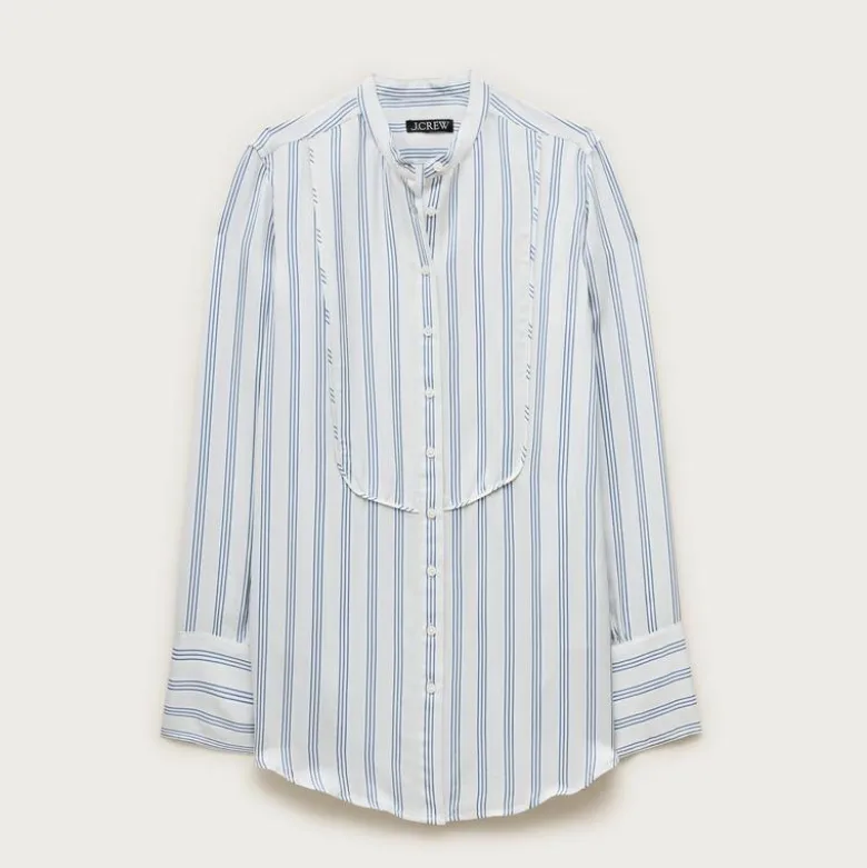 Tuxedo-bib button-up shirt in striped cotton poplin