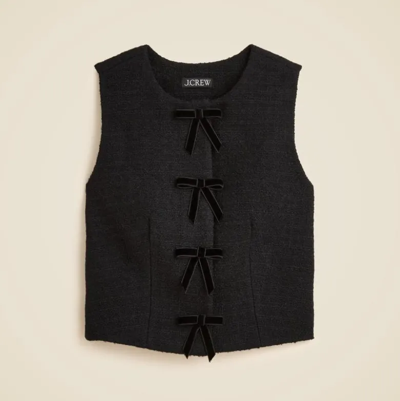 Tweed crewneck vest with velvet bows