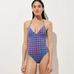 V-neck one-piece in reversible plaid print