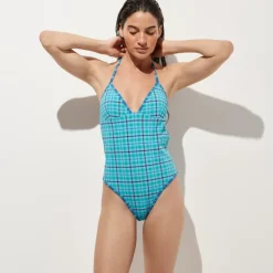 V-neck one-piece in reversible plaid print