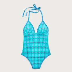 V-neck one-piece in reversible plaid print