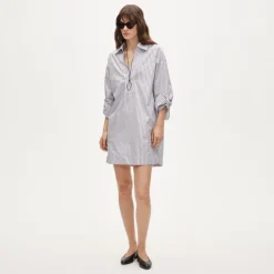 V-neck popover dress in striped cotton poplin