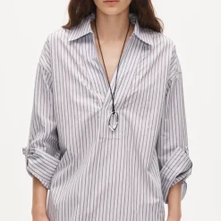 V-neck popover dress in striped cotton poplin