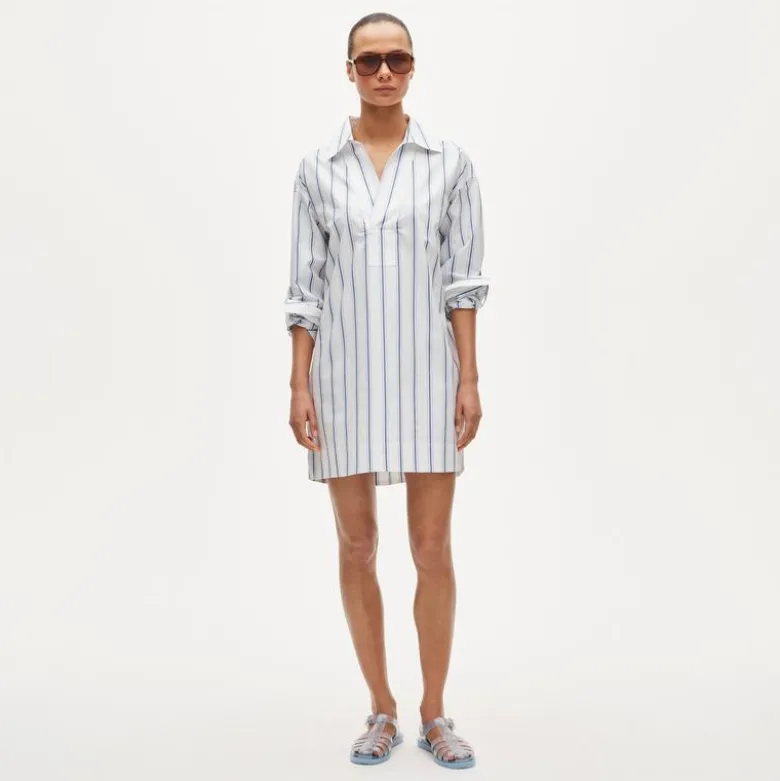 V-neck popover dress in striped cotton poplin
