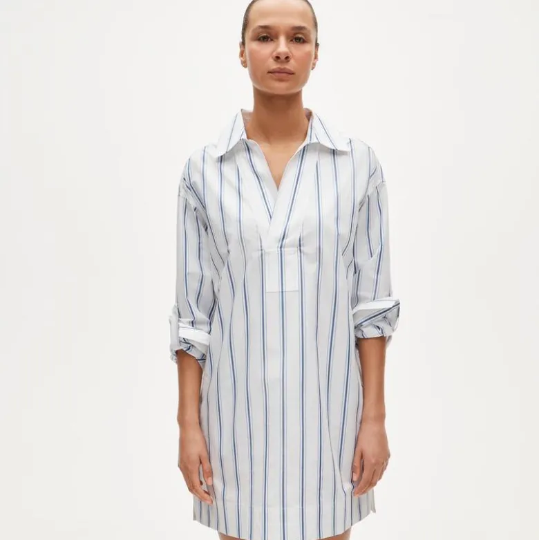 V-neck popover dress in striped cotton poplin