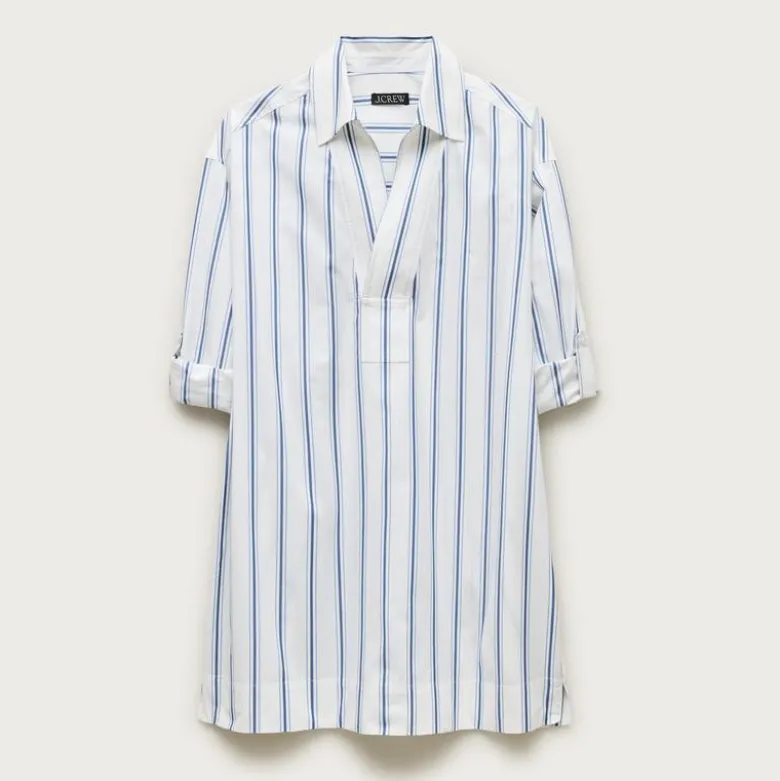 V-neck popover dress in striped cotton poplin