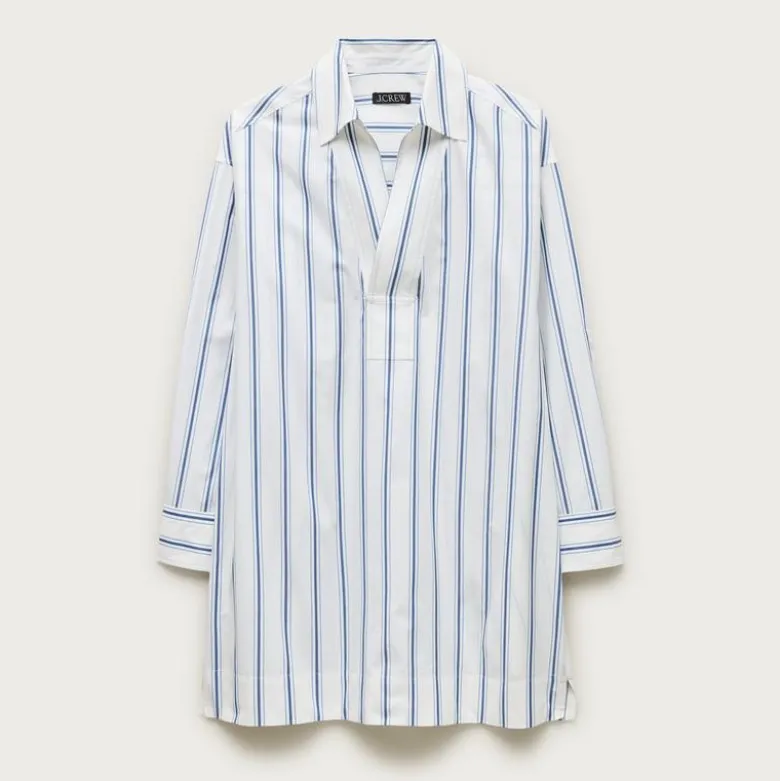 V-neck popover dress in striped cotton poplin