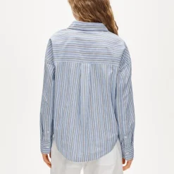 V-neck popover shirt in striped cotton poplin