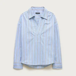 V-neck popover shirt in striped cotton poplin