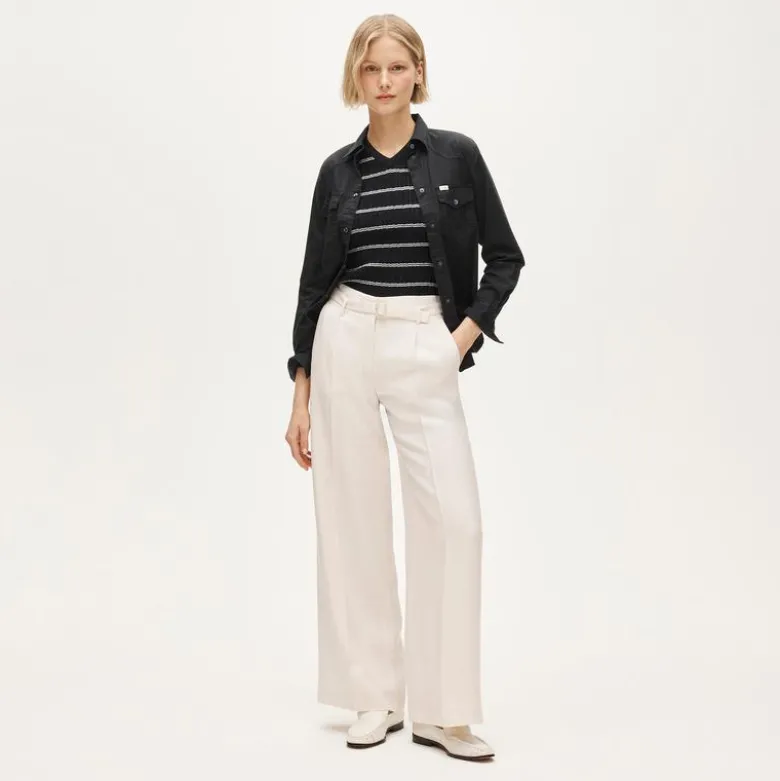 Wide-leg belted pant in luster canvas