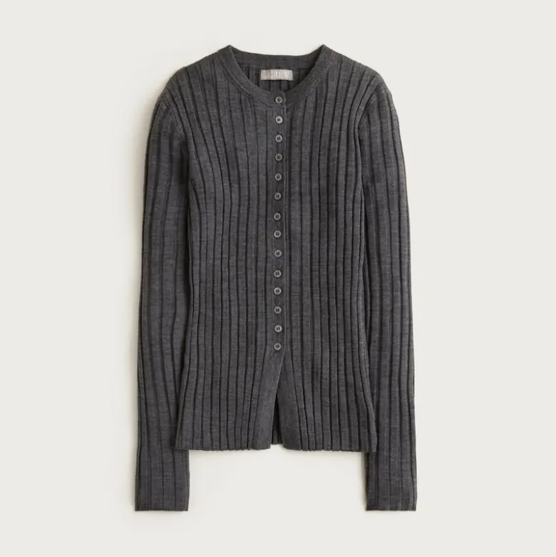 Wide-rib fitted cardigan top in merino wool