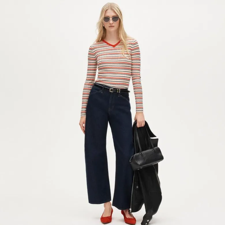 Wide-rib high V-neck sweater in striped merino wool