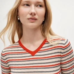 Wide-rib high V-neck sweater in striped merino wool