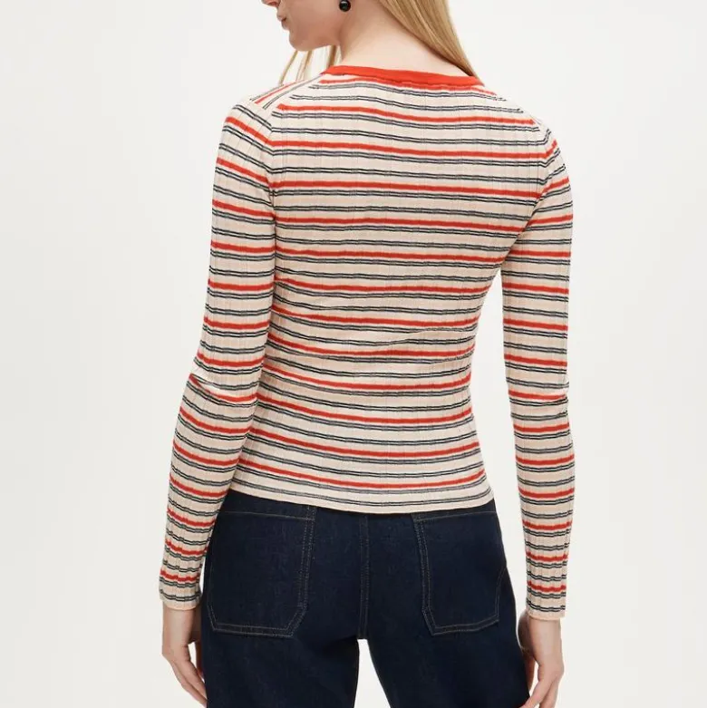 Wide-rib high V-neck sweater in striped merino wool