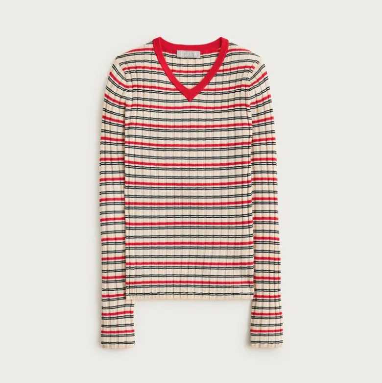 Wide-rib high V-neck sweater in striped merino wool