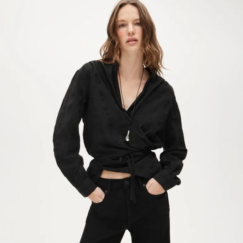 Wrap top in striped cotton dobby